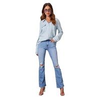 Damen Denim-Hemd mit umschlagbaren Ärmeln und zwei Brusttaschen WW