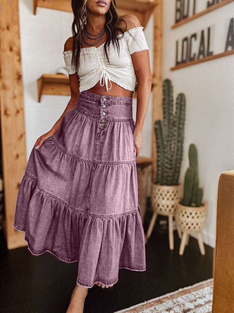 Damen Baumwollrock mit voluminösem Stufen-Design und modischem Knopfdetail WW