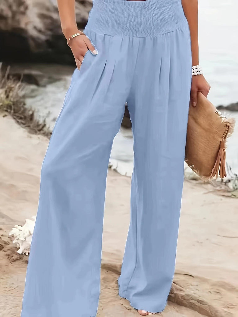 Damen Weite Leinenhose mit elastischem Bund und praktischen Taschen WW