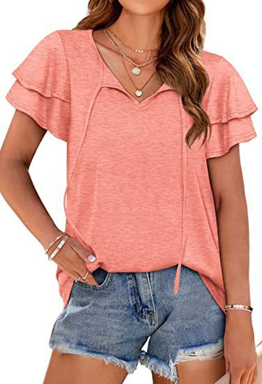 Damen lässiges V-Ausschnitt Blusenshirt mit Rüschendetails WW