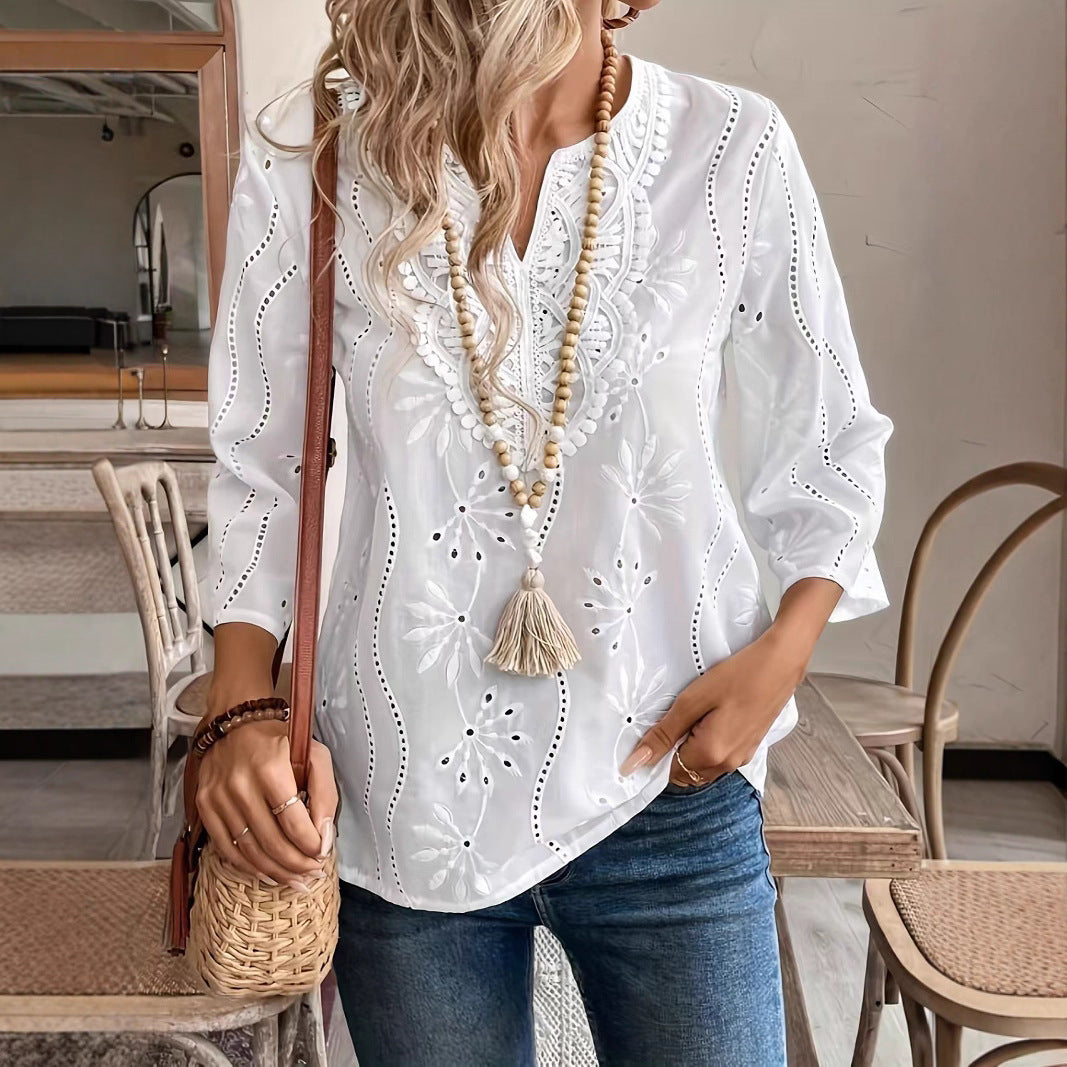 Damen bestickte Bluse mit elegantem V-Ausschnitt und 3/4-Ärmeln WW