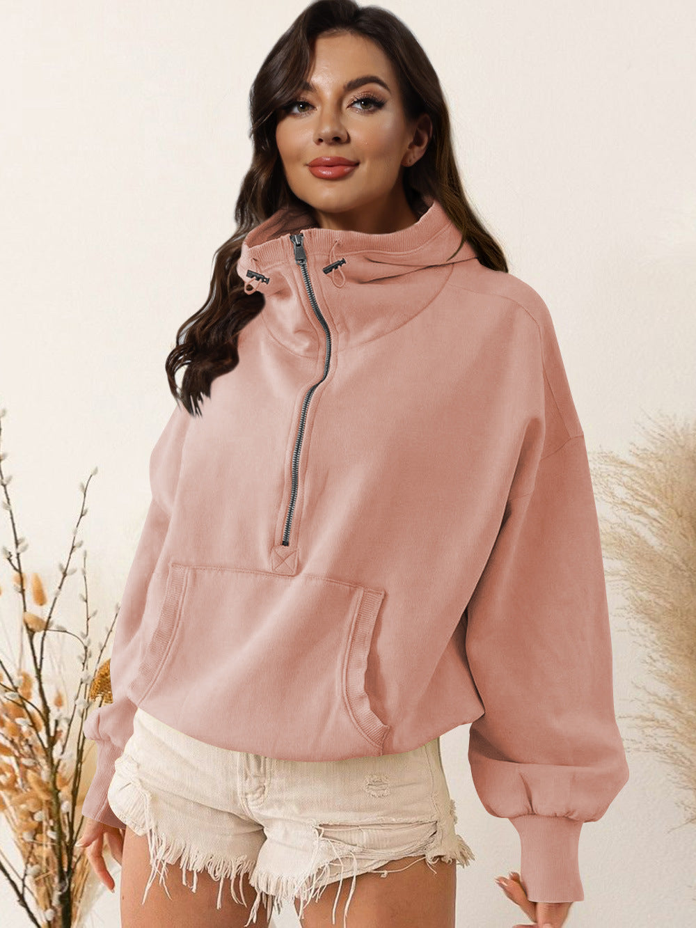 Damen sportlicher Kapuzenpullover mit halbem Reißverschluss und funktionalen Taschen WW