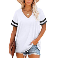 Damen V-Ausschnitt T-Shirt mit sportlichem Streifenmuster und lockerem Schnitt WW