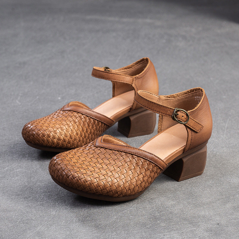 Damen geflochtene Riemchen-Pumps mit komfortablem Blockabsatz und anatomischer Sohle WW