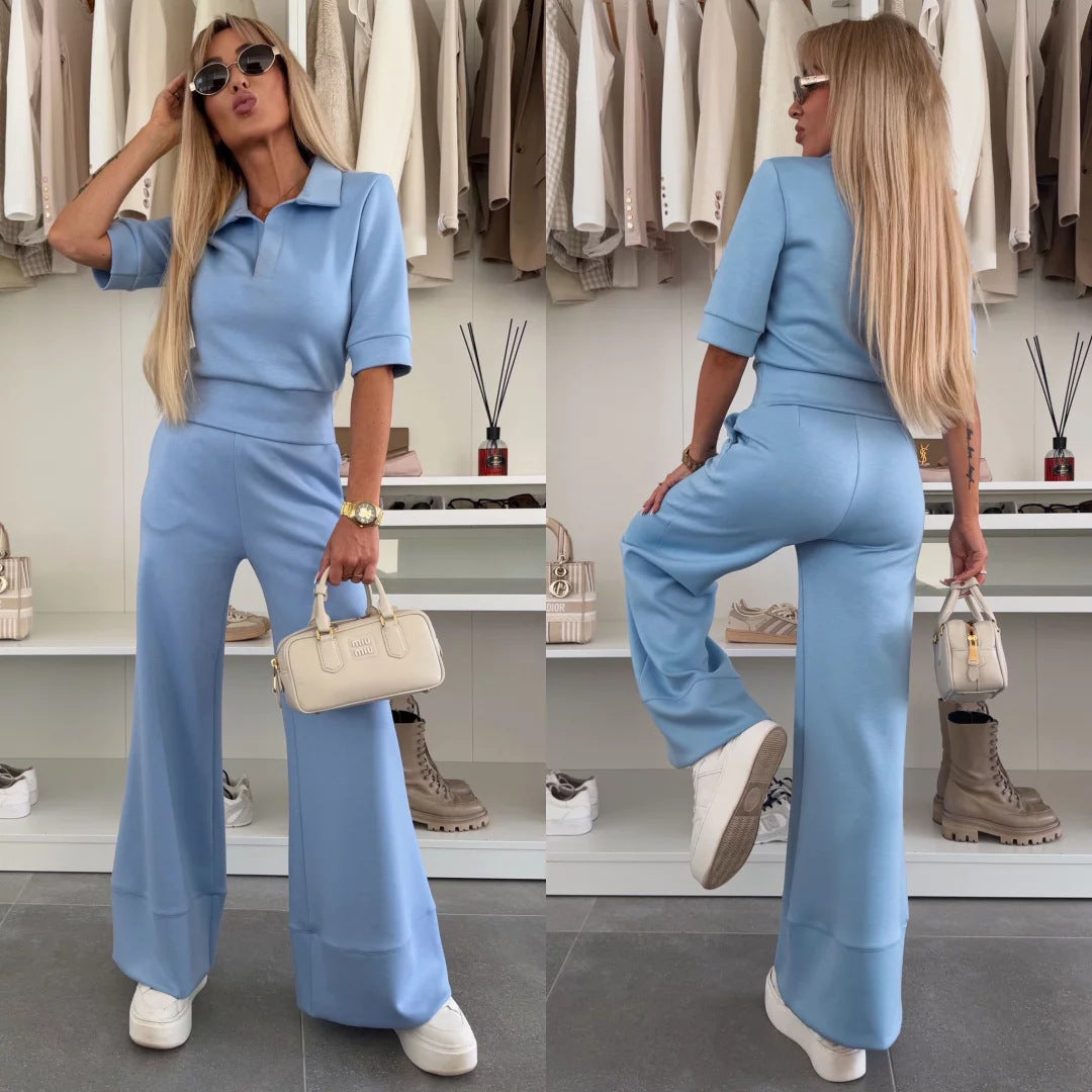 Damen sportliches Lounge-Set mit schicker Polo-Kragen und weitem Bein WW