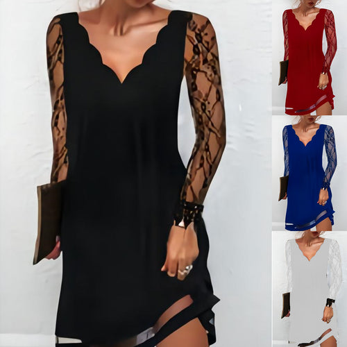 Damen Spitzenkleid mit V-Ausschnitt und eleganten Ärmeln WW
