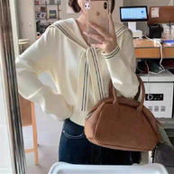 Damen stilvoller Pullover mit Schleifenkragen und feiner Strickstruktur WW