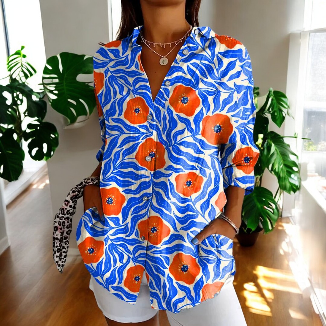WW | Lebhafte Bluse mit Blumenknöpfen für Damen