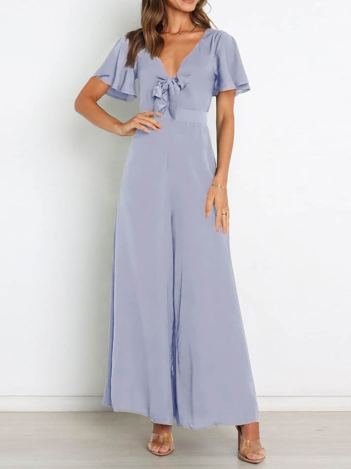 WW | Kurzarm Breite Beinform Lässig V-Ausschnitt Jumpsuit