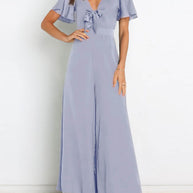 WW | Kurzarm Breite Beinform Lässig V-Ausschnitt Jumpsuit
