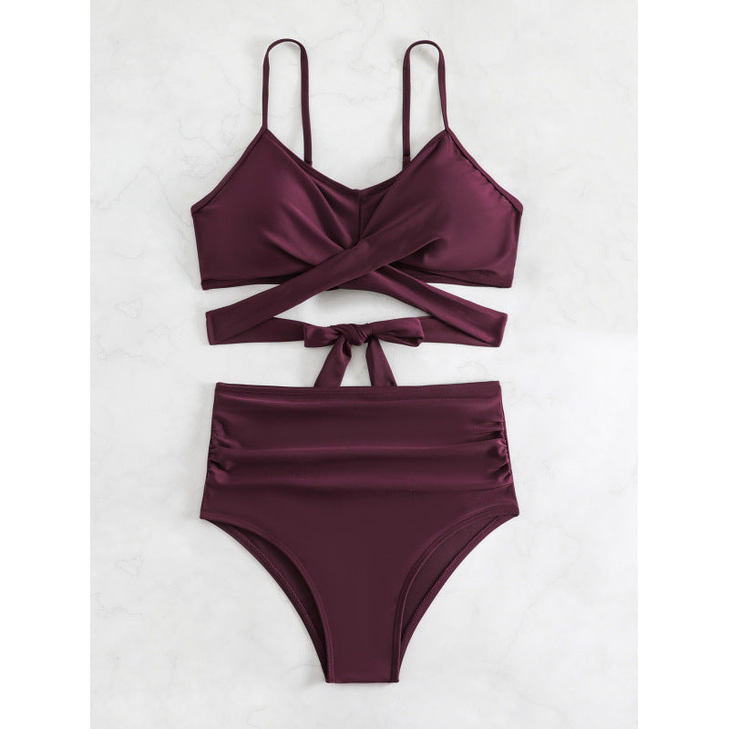 Damen Bikini-Set mit geschwungenem Wickeloberteil und hoch tailliertem Slip WW