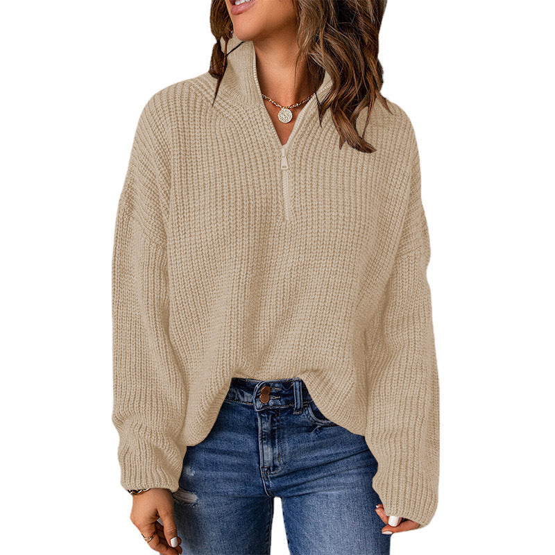 Damen Grober Strickpullover mit Stehkragen und Reißverschluss WW