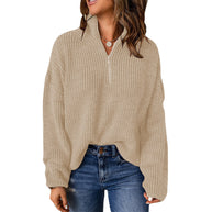 Damen Grober Strickpullover mit Stehkragen und Reißverschluss WW