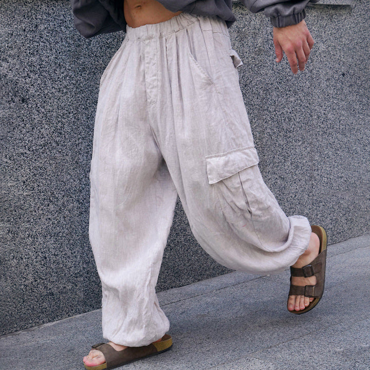Herren lässige Cargo-Hose aus atmungsaktivem Leinenmaterial W&W Mode