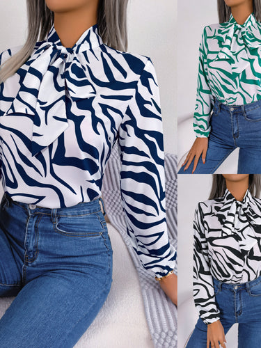 Damen Bluse mit modischem Zebra-Muster und elegantem Schleifenkragen WW
