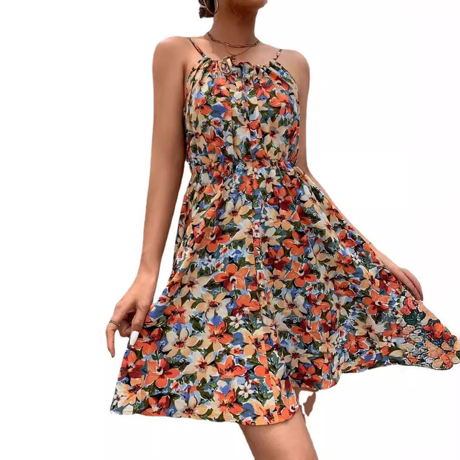 Damen Blumenkleid mit verstellbaren Spaghettiträgern und elastischem Taillenbund WW
