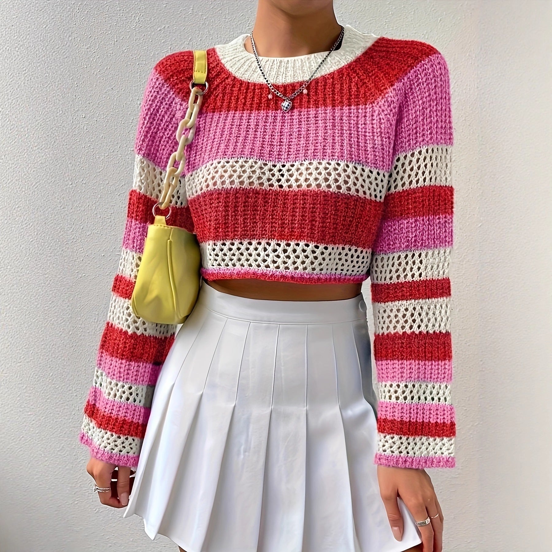 Damen Strickpullover mit verspieltem Lochmuster und bunten Streifen WW
