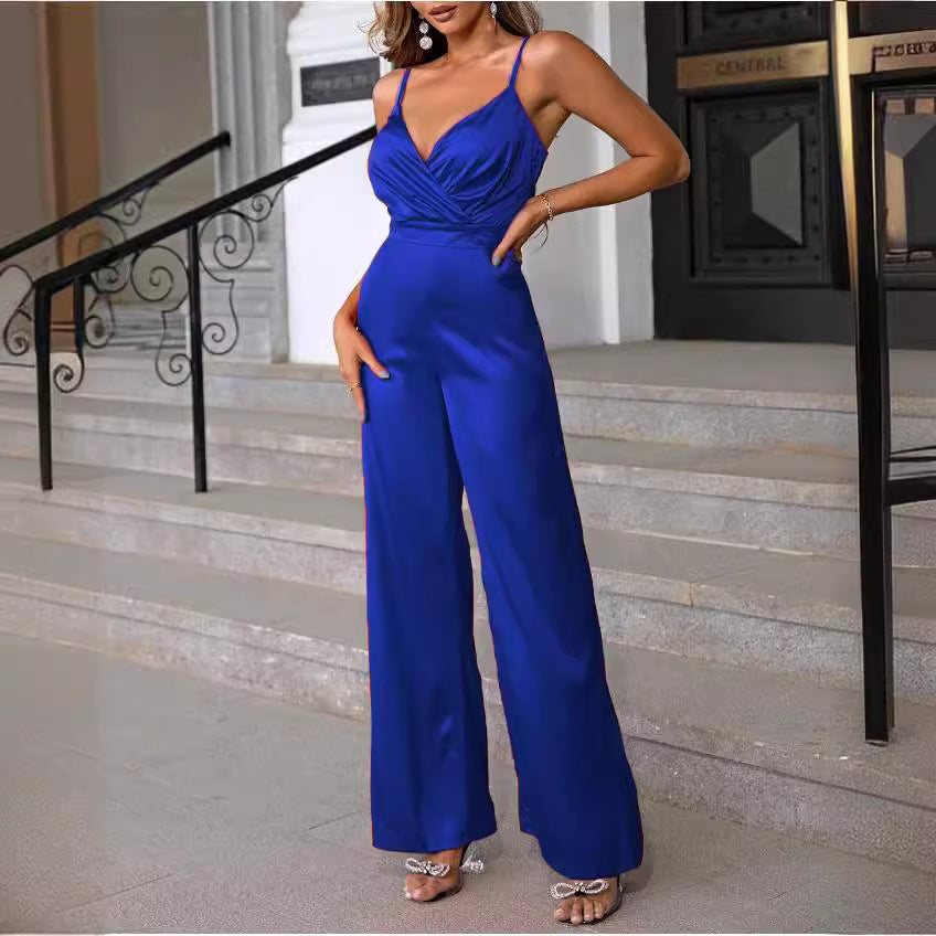 Damen Eleganter Jumpsuit mit Wickeloberteil und langen, geraden Beinen WW