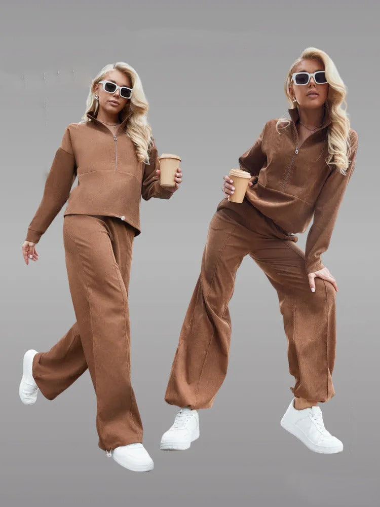 Damen sportliches Fleece-Set mit hohem Kragen und weitem Bein WW