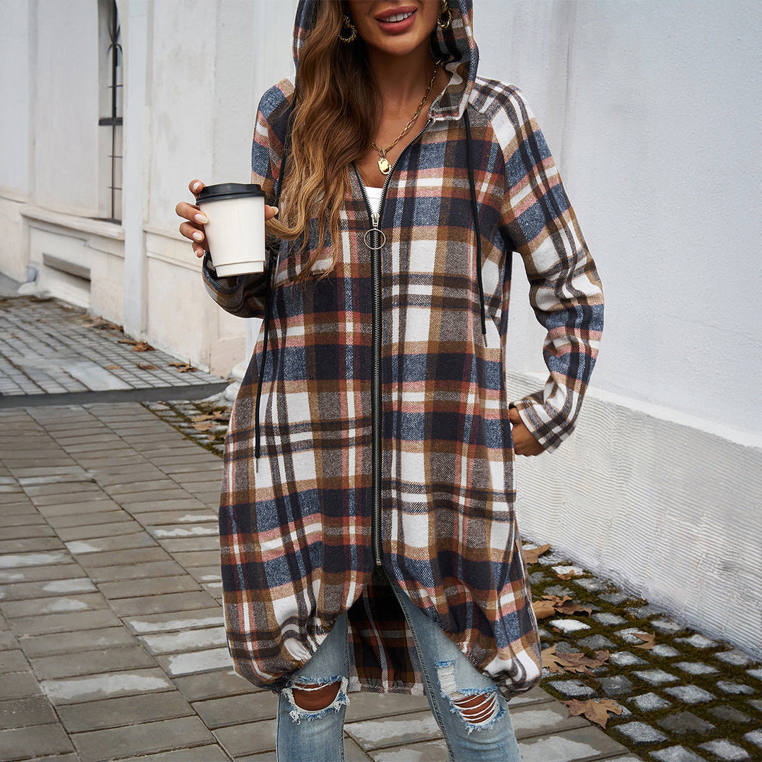 Damen Karierte Longjacke mit Kapuze und Taschen W&W Mode