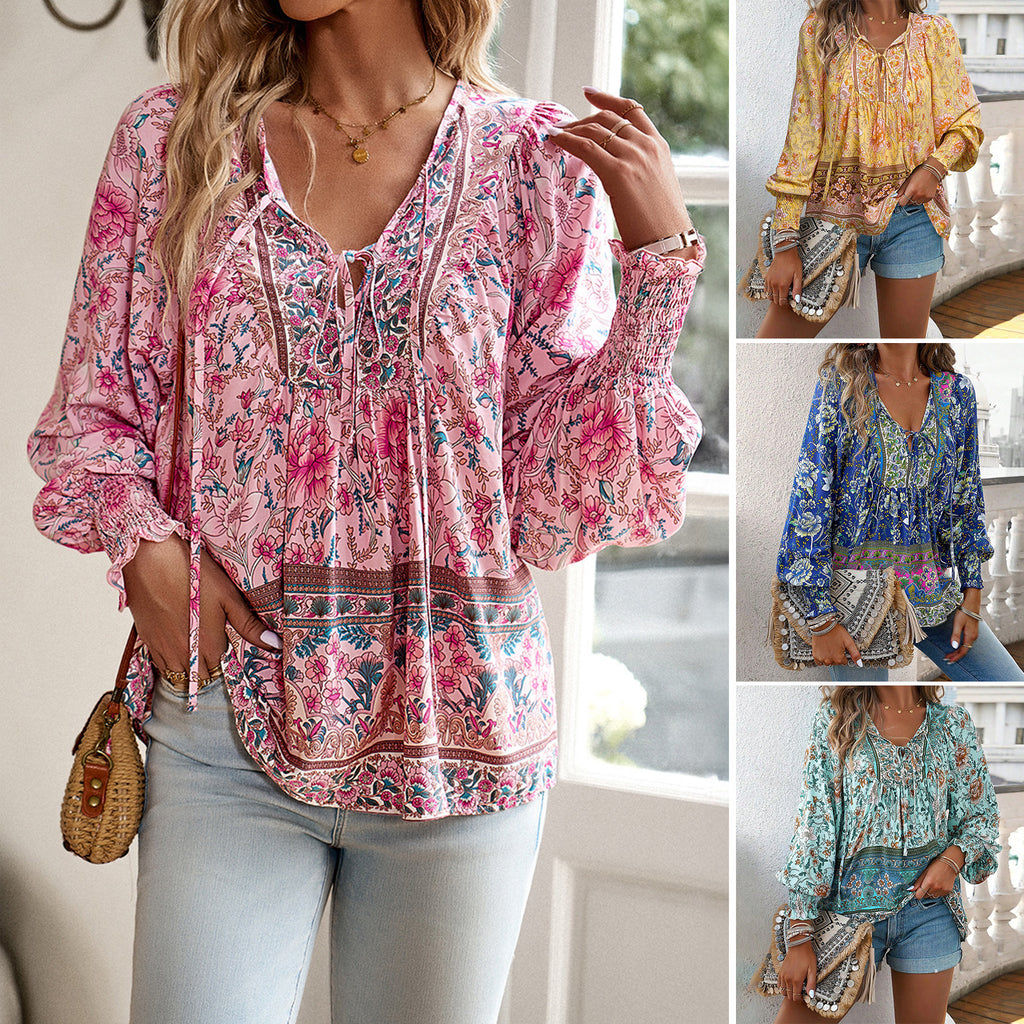 Damen luftige Bluse mit verspieltem floralem Muster und eleganten Rüschendetails WW