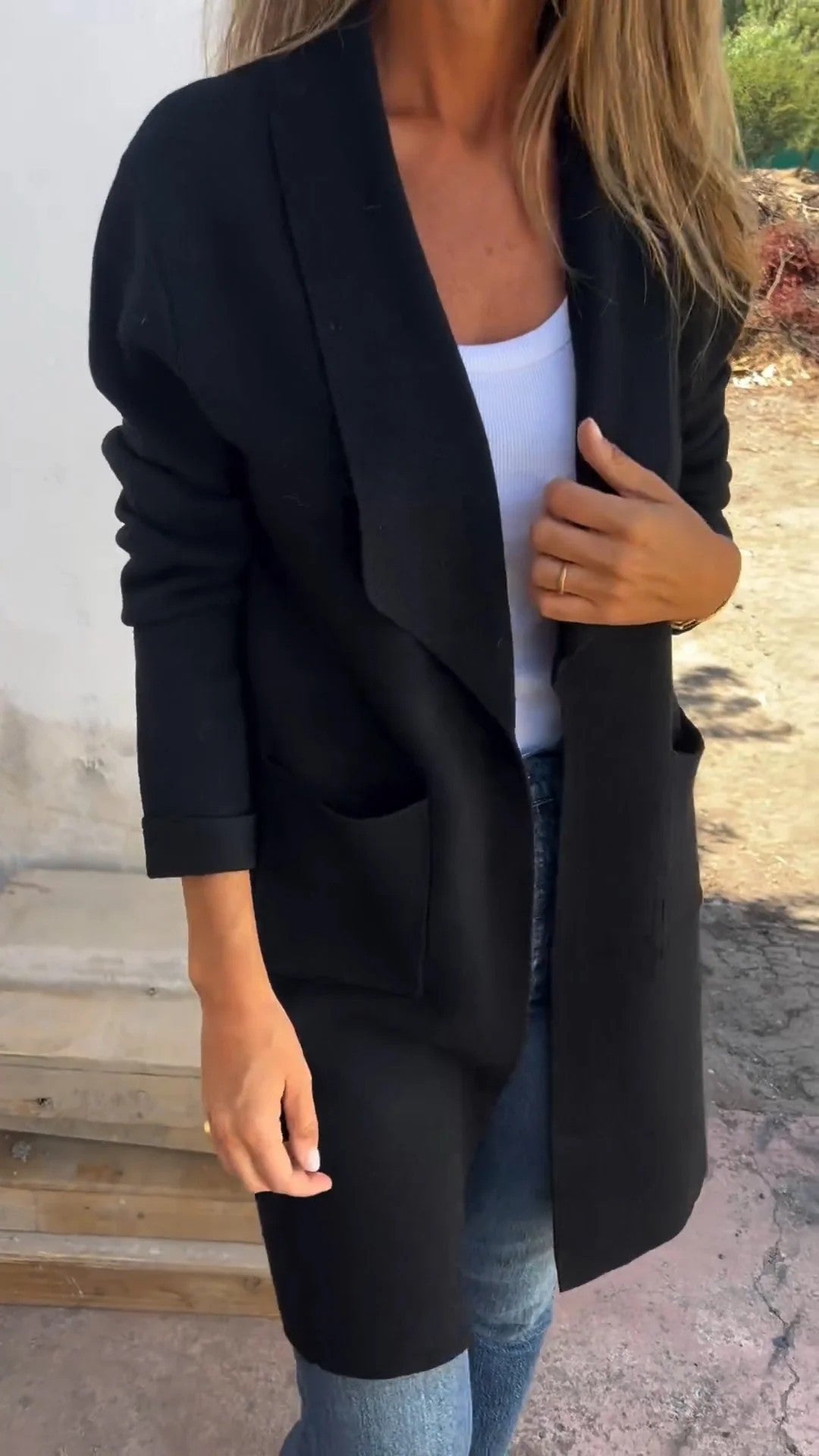 Damen lässiger oversize Mantel mit offenem Kragen und praktischen Taschen WW