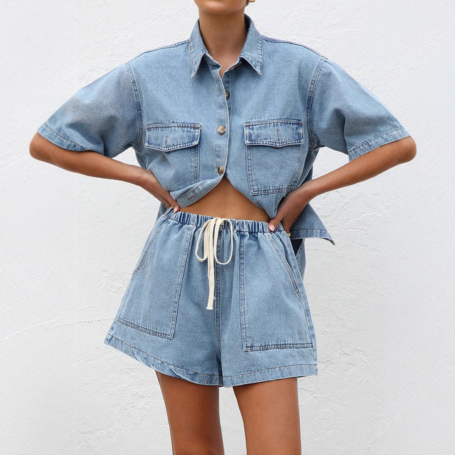 Damen Denim-Crop-Top und Shorts-Set mit praktischen Taschen und lässigem Schnitt WW