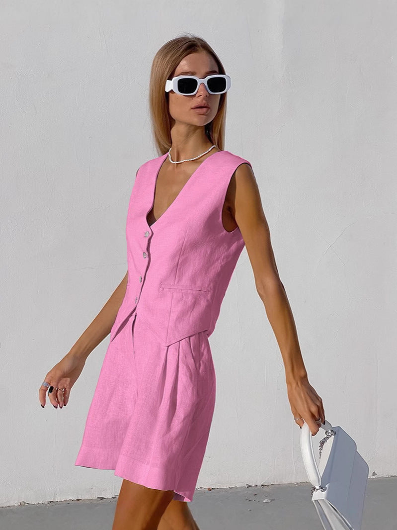 Damen luftiges Leinen-Set mit ärmellosem Blazer und Shorts WW
