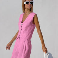 Damen luftiges Leinen-Set mit ärmellosem Blazer und Shorts WW