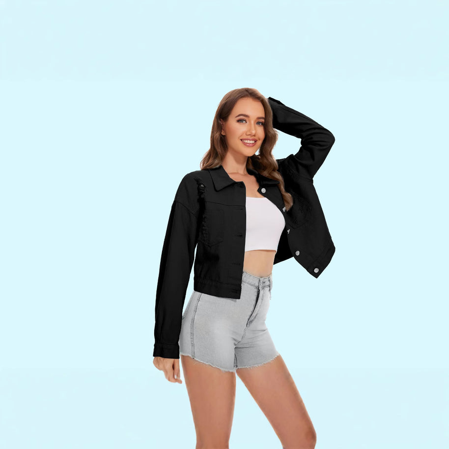 Damen Jeansjacke im lässigen Crop-Style mit fransigen Details WW