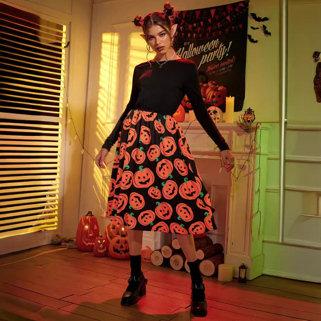 Damen Midikleid mit langen Ärmeln und Halloween-Motiv W&W Mode