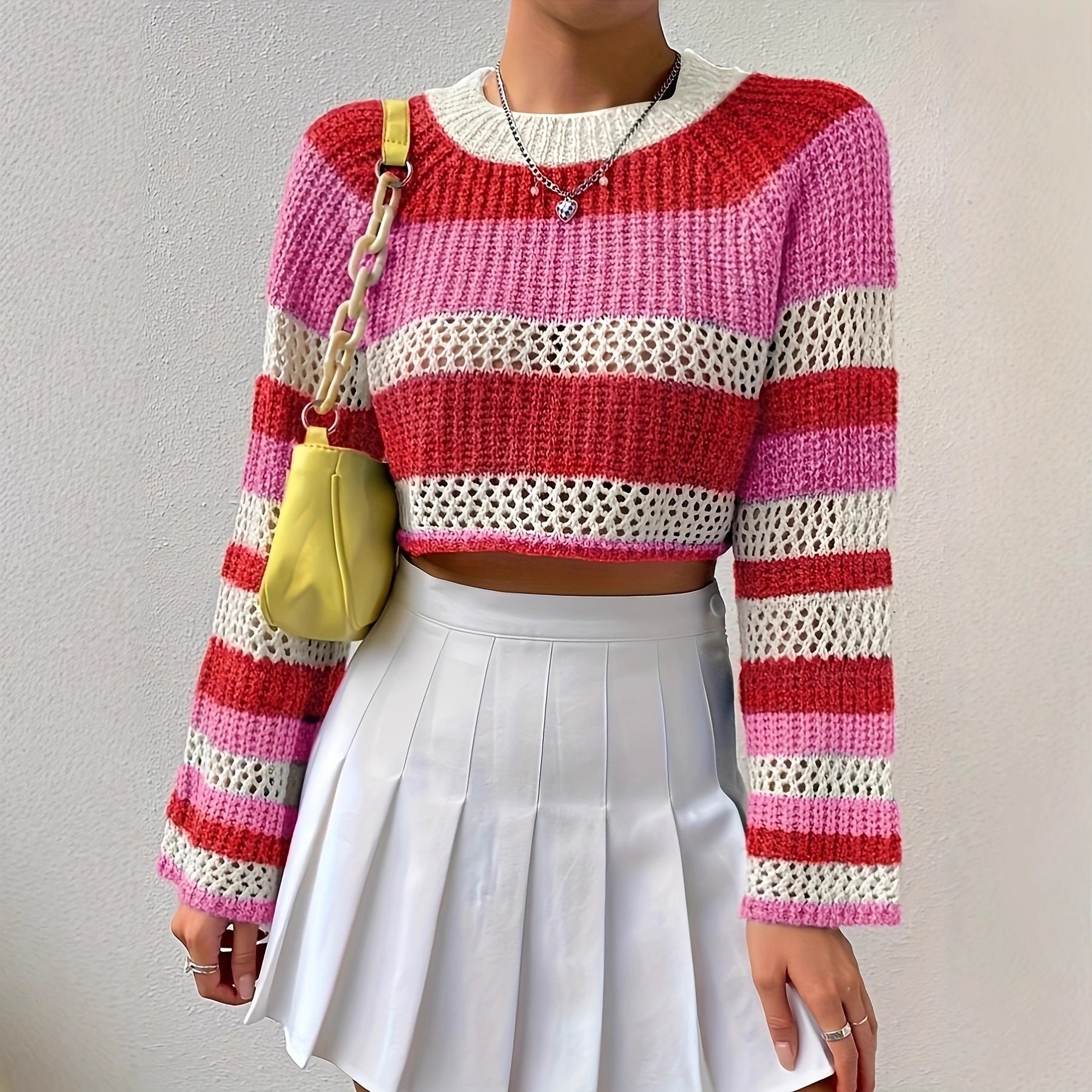 Damen Strickpullover mit verspieltem Lochmuster und bunten Streifen WW