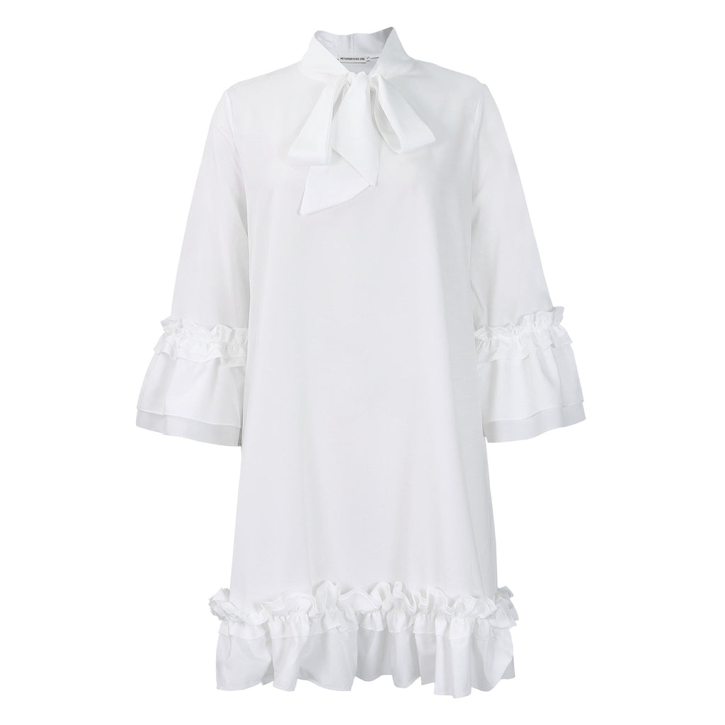 Damen Tunika-Kleid mit eleganten Rüschen und schickem Schleifenkragen WW