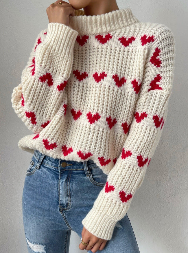 W&W Mode Halb Hochkragen Locker Passform Liebesherz Jacquard Strickpullover