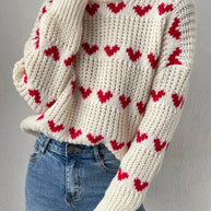 WW Halb Hochkragen Locker Passform Liebesherz Jacquard Strickpullover