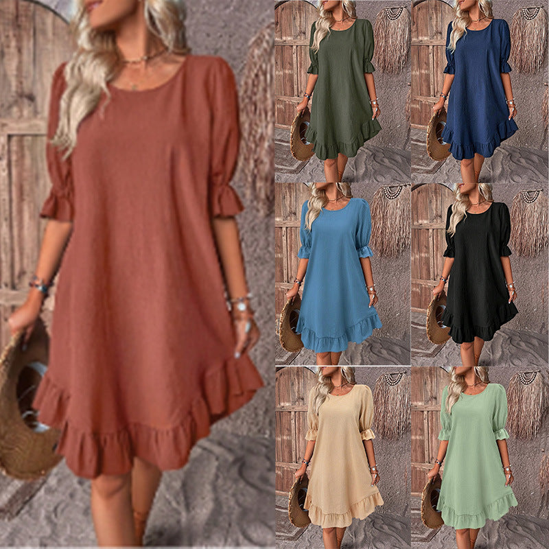 Damen lässiges Sommerkleid mit Rüschendetail und weit ausgestelltem Schnitt WW