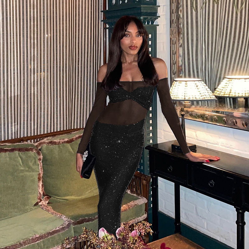 Damen schickes Abendkleid mit transparenten Ärmeln und Pailletten WW