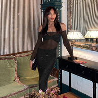 Damen schickes Abendkleid mit transparenten Ärmeln und Pailletten WW