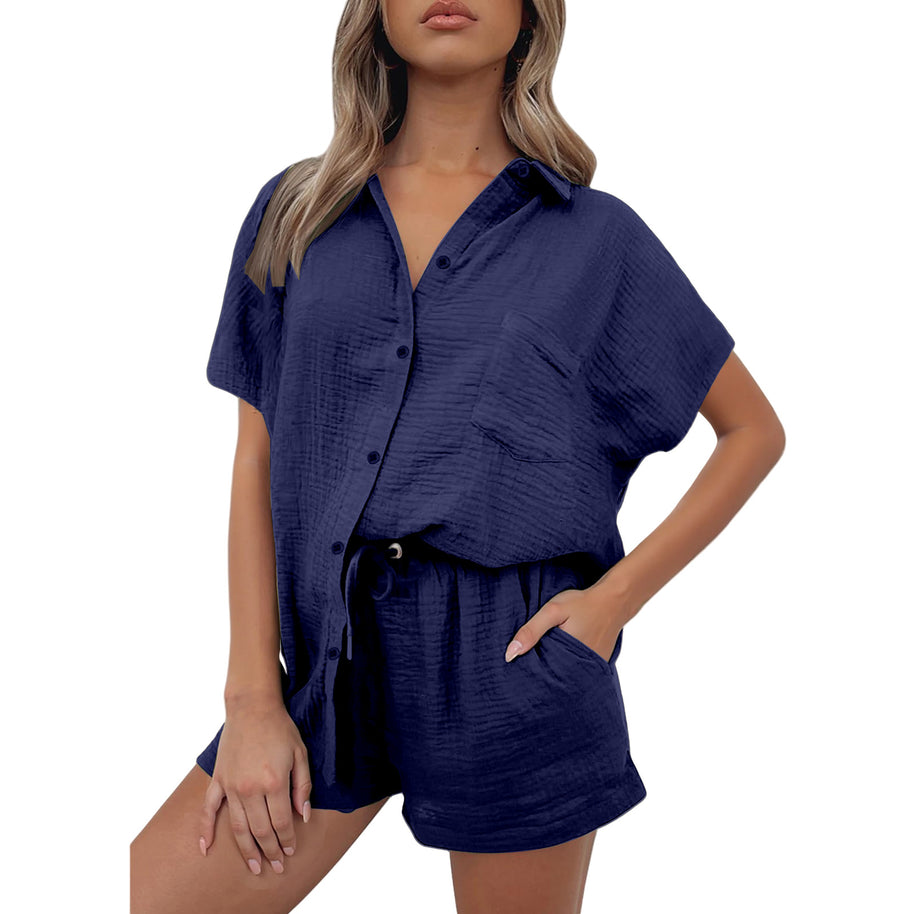 Damen lässiges Kurzarm-Hemd und Shorts Set aus strapazierfähigem Baumwollmaterial mit praktischen Taschen und elastischem Bund WW
