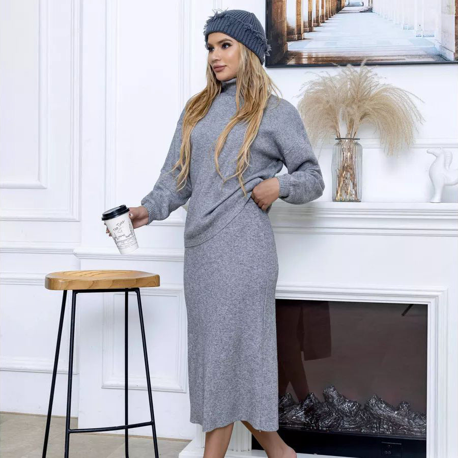 Damen Set aus Pullover und Rock mit hohem Kragen und eleganten Seitenschlitzen WW