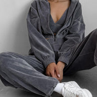 Damen sportlicher Fleece-Overall mit hohem Kragen und elastischem Bund WW