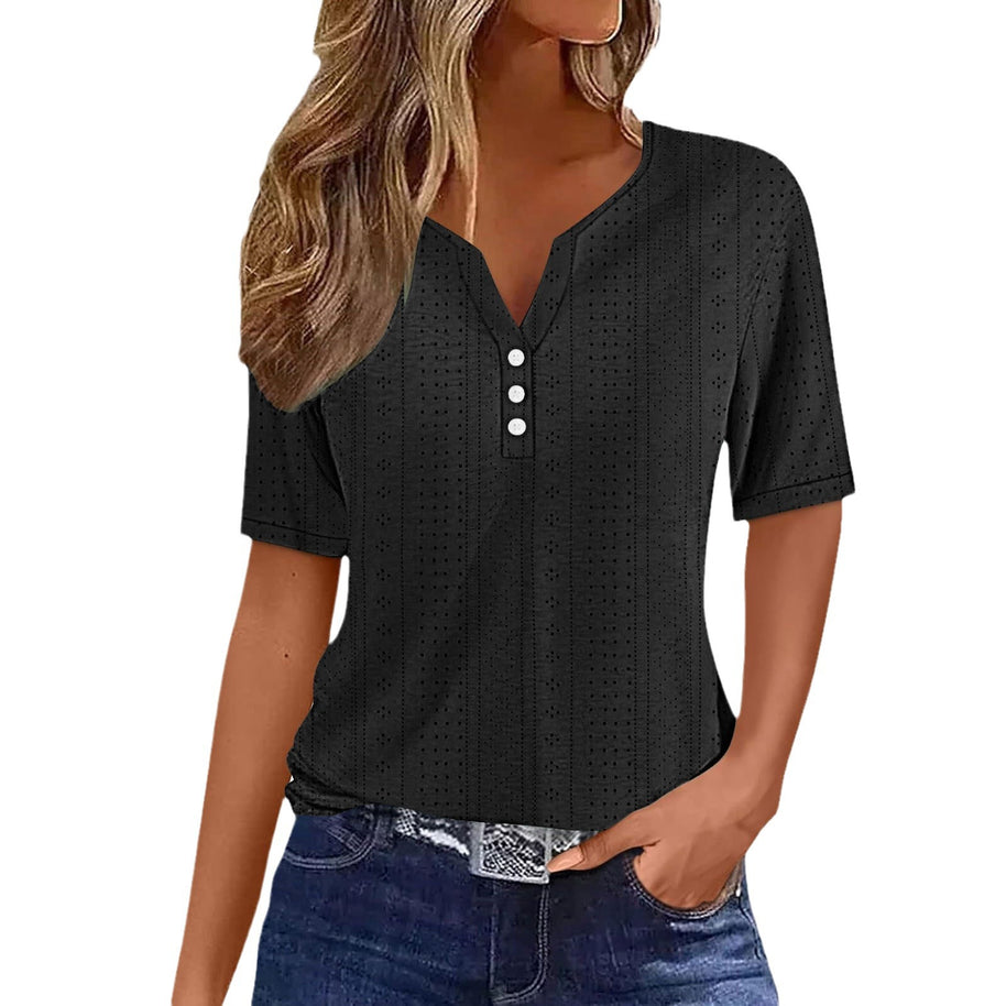 Damen kurzärmeliges T-Shirt mit Knopfdetails und eingewebtem Muster WW