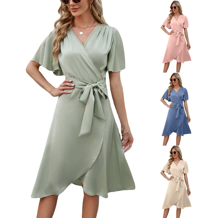 W&W Mode | Satin V-Ausschnitt Taillenbetonendes Glockenärmel Sexy Kleid
