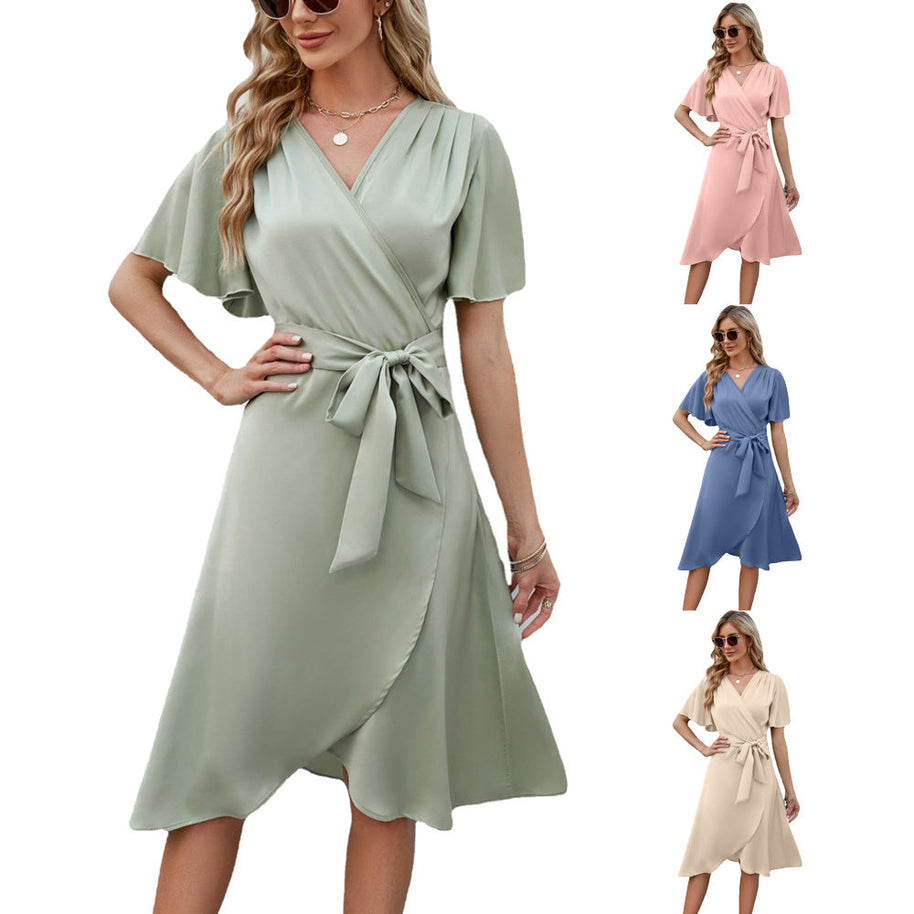 WW | Satin V-Ausschnitt Taillenbetonendes Glockenärmel Sexy Kleid