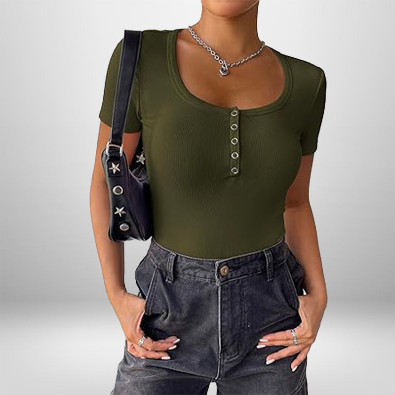 Damen Kurzarm Bodysuit mit Knopfdetails und figurbetonter Silhouette WW