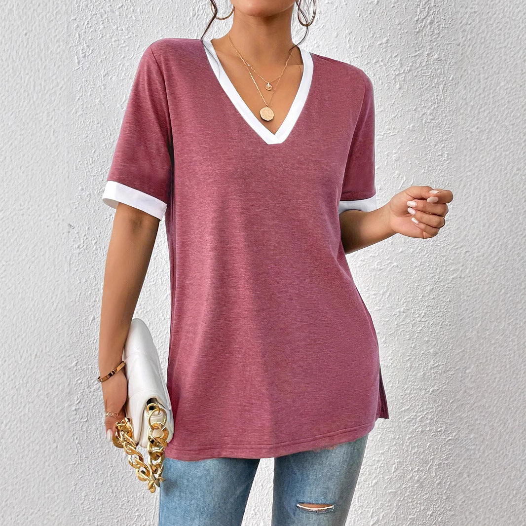 Damen V-Ausschnitt Shirt mit Kontrastärmeln und bequemer Passform W&W Mode