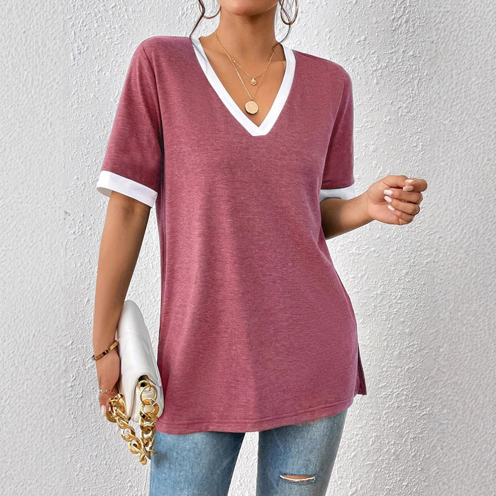 Damen V-Ausschnitt Shirt mit Kontrastärmeln und bequemer Passform W&W Mode