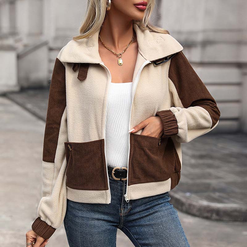 Damen Blockfarben Herbstjacke mit Taschen