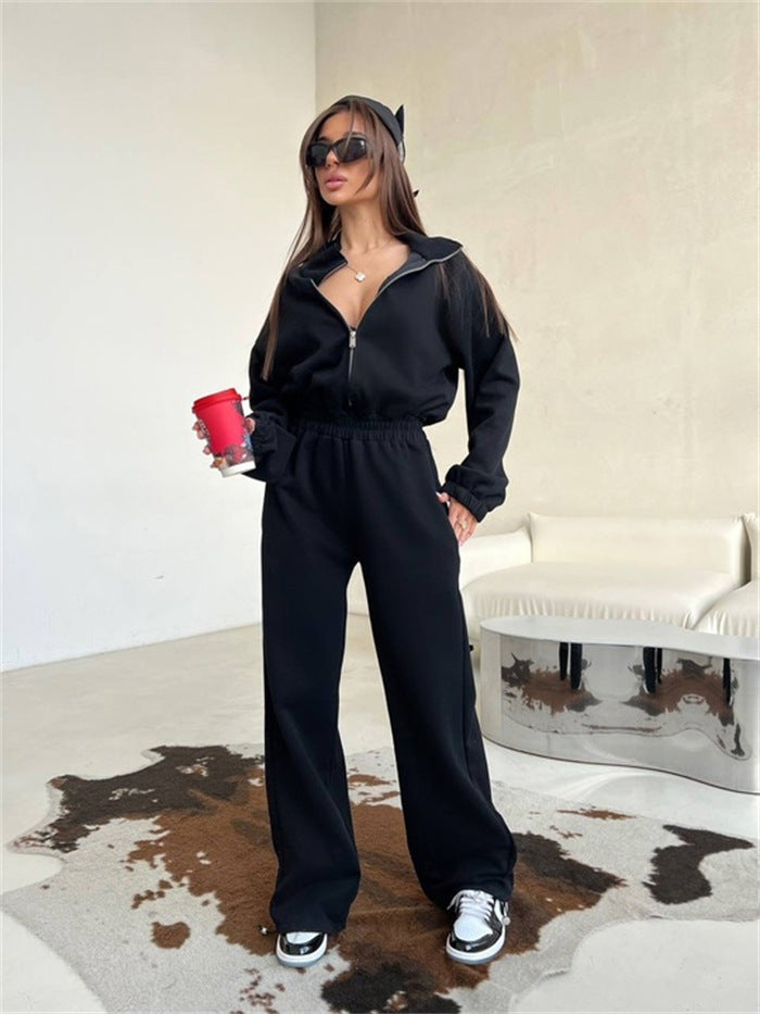 Damen sportliches Fleece-Set mit hohem Kragen und lockeren Hosen WW
