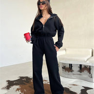 Damen sportliches Fleece-Set mit hohem Kragen und lockeren Hosen WW